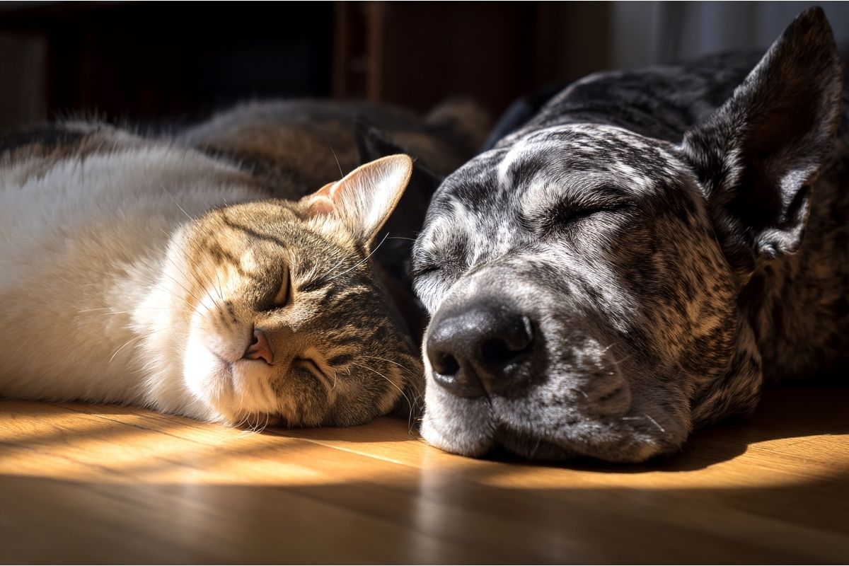 A cat and a dog sleeping with their heads together on the floor in a patch of warm sunshine.