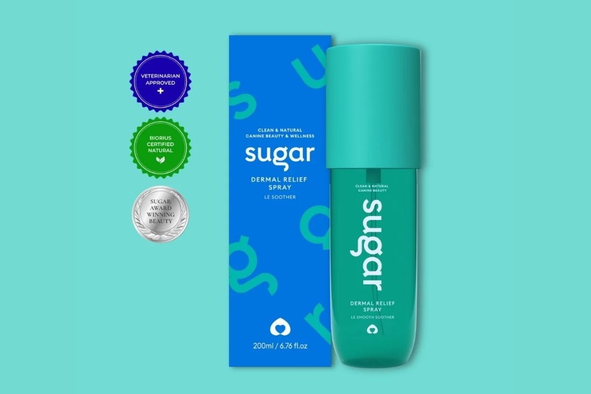 Sugar Le Soother Dermal Relief Spray bottle beside its packaging.